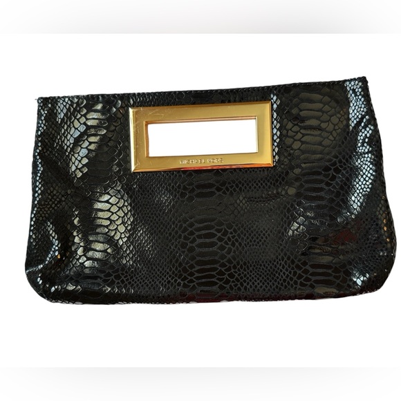 MICHAEL KORS - BERKLEY CLUTCH BAG BLACK PATTEN LEATHER SNAKESKIN GOLD - Picture 1 of 7